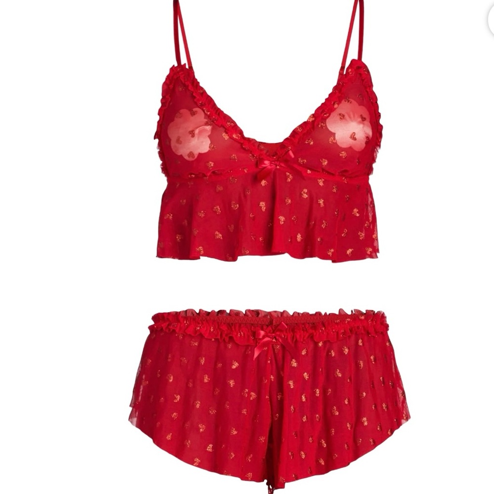 Elegant Red Lace hearts Bralette and Shorts Lingerie Set Size Small NEW